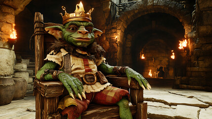 Regal Goblin King Sitting On Wooden Throne In A Stone Chamber Lit By Flickering Torchlight Wearing Golden Crown And Richly Detailed Outfit