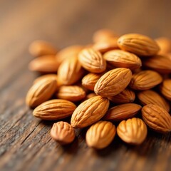 Obraz premium Close-up of a pile of roasted almonds on a wooden table, healthy, table, pile