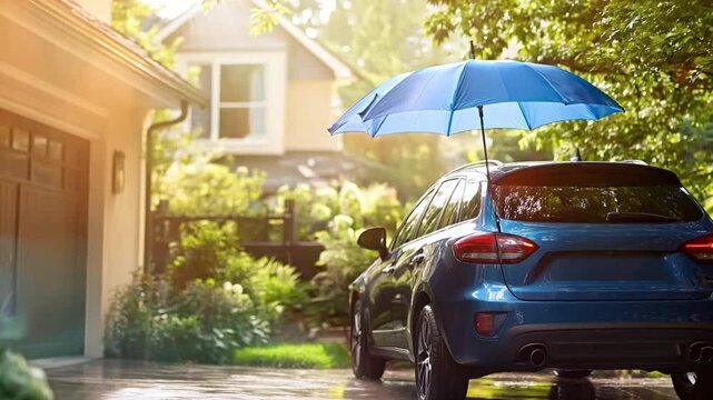 A blue car parked in a driveway under a blue umbrella in a serene suburban neighborhood during sunny weather