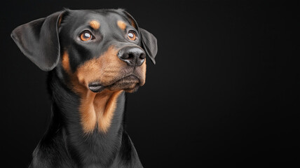 Rottweiler with shiny coat looks up with attentive expression. Portrait of faithful pet on black background.