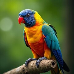 Fototapeta premium Close-up of a colorful parrot resting on a textured tree branch, bird, close-up, wildlife