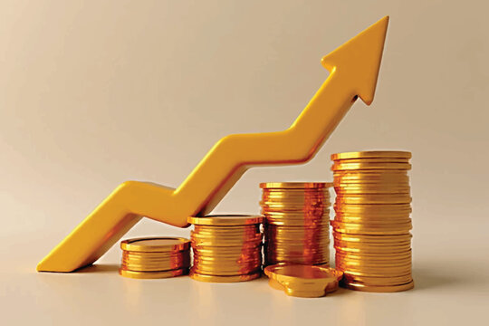 Investment and saving  and grow up of planning money concept. Placing gold coins with growing up with gold up arrow of financial developments and business growth up. stack, point up, dollar, target.