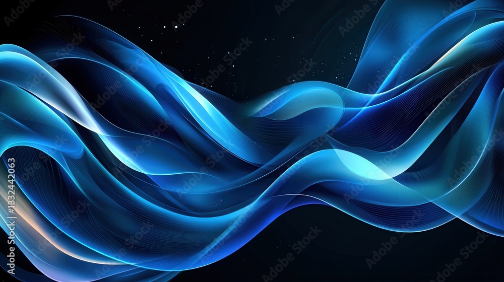 Poster mesmerizing waves of vibrant luminescent blue energy undulating and flowing across a dark mysterious