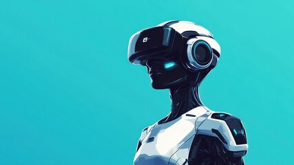 futuristic humanoid robot wearing virtual reality headset against aqua background. technology and innovation. ai, robotics, digital future concept. tech poster with copyspace, sci-fi 3d illustration