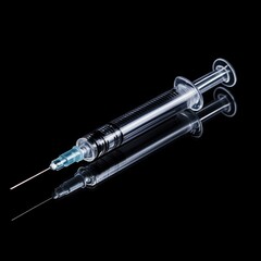 Medical syringe with needle on black background.