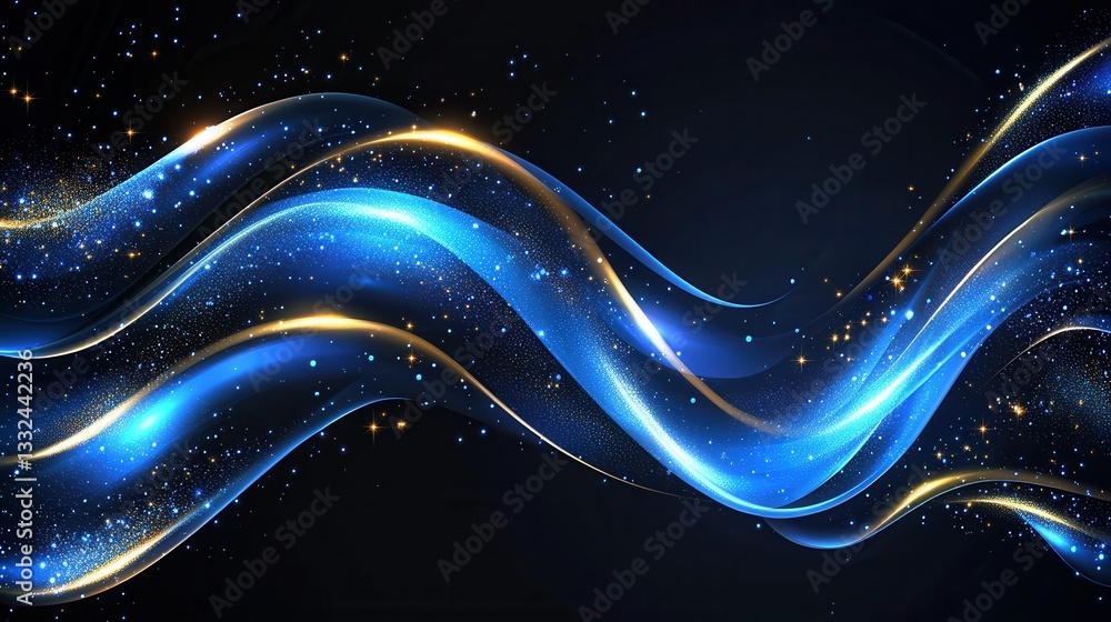 Poster mesmerizing futuristic waves of glowing blue energy flowing dynamically across a dark cosmic backgro