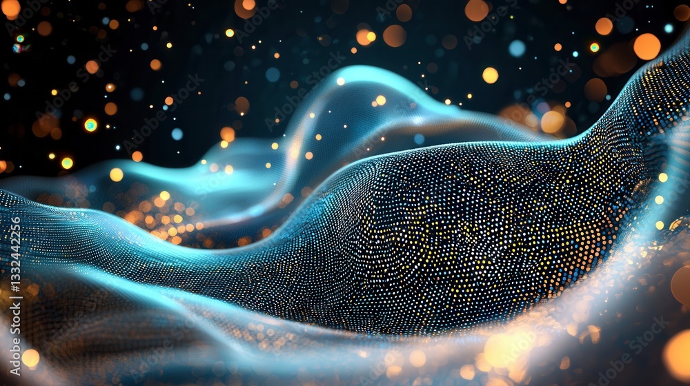 Poster mesmerizing abstract digital landscape of glowing blue luminescent data waves undulating and pulsing