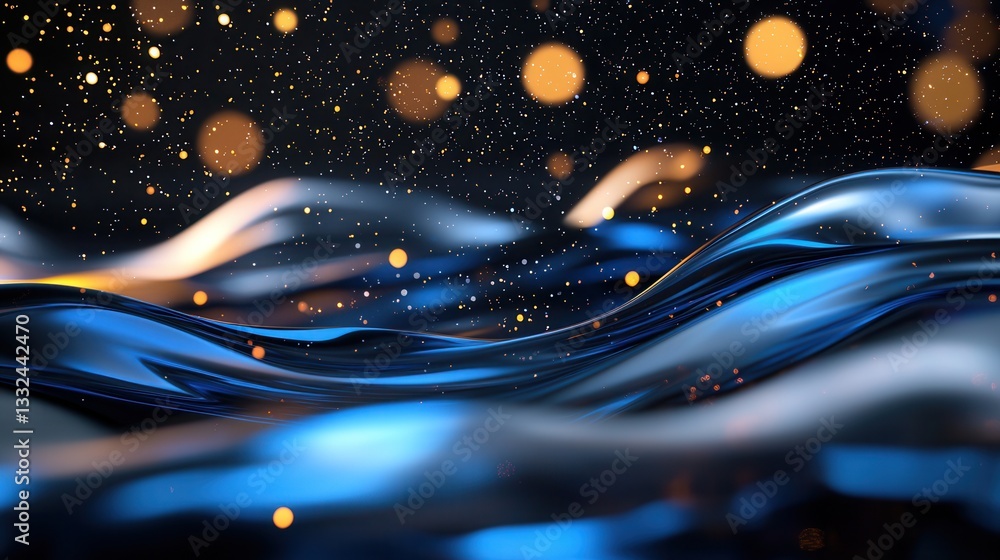 Poster ethereal glowing blue waves flow and ripple dynamically across a dark starry backdrop creating a cap