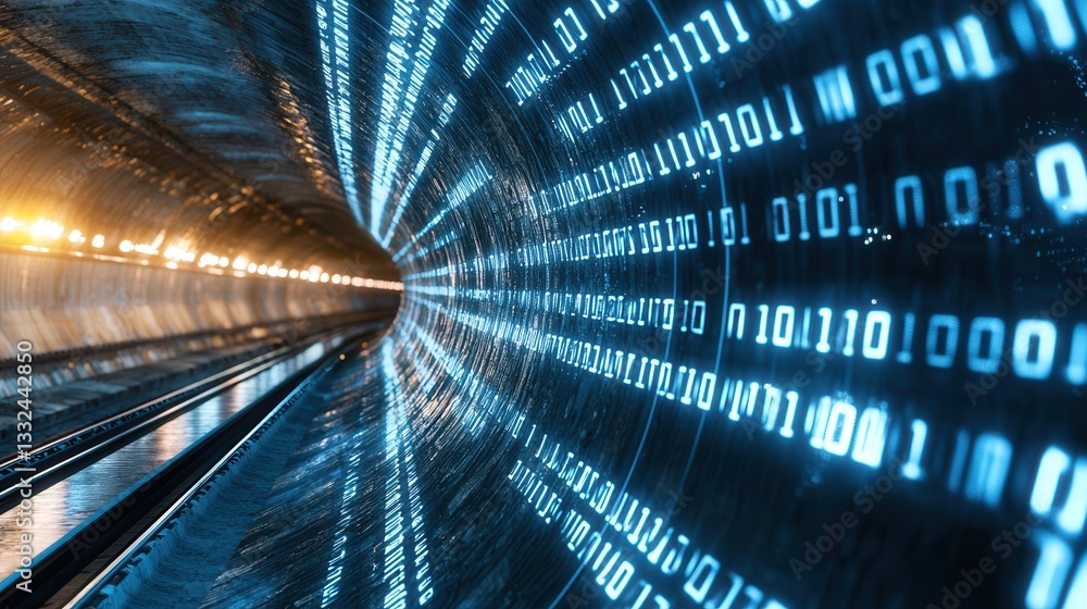 Poster a visually striking and futuristic cyber tunnel filled with a mesmerizing abstract pattern of glowin