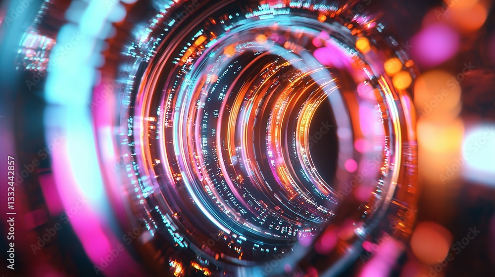 Poster a visually captivating image depicting a futuristic glowing cyber tunnel filled with an abstract kal