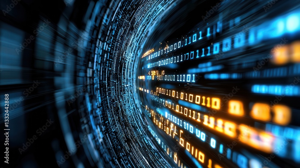 Poster a vibrant futuristic cyber tunnel with an abstract pattern of glowing digital data lines and geometr