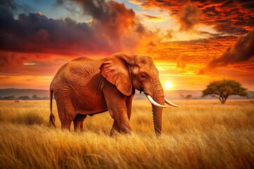 Naklejka premium Tsavo Elephant Double Exposure: Red Sunset Savanna Crossing, Kenya