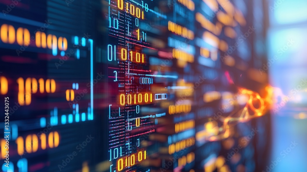 Poster a visually striking 3d depiction of a futuristic data tunnel with a dynamic matrix of glowing binary