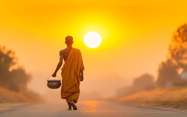 Serene Passage: A monk embarks on a peaceful journey, walking down a sun-drenched road, his silhouette framed against a breathtaking sunrise, a vessel held tenderly.