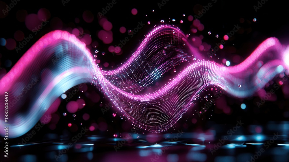 Poster abstract digital depicting a vibrant luminous wave of neon lines and particles moving at a high spee