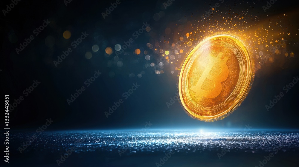 Aufkleber golden bitcoin coin with sparkles on dark background in 3d style