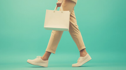 A detailed shot of a woman's lower body as she walks gracefully, holding a chic shopping bag in one hand
