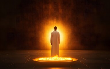 A Moment of Contemplation: In the heart of a chamber, a solitary figure stands before a circle of light, bathed in an ethereal glow, embodying introspection and spiritual journey.