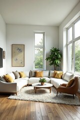 Bright and airy contemporary living room with large windows, white walls, and wooden floors, stylish, clean, architecture
