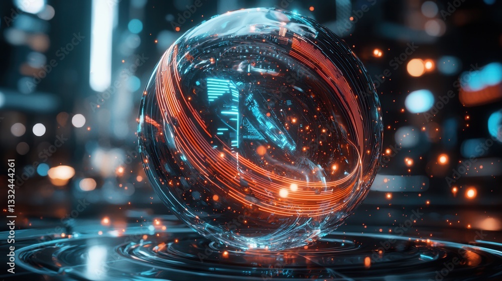 Poster a dynamic glowing sphere composed of vibrant neon lines and shapes evoking a futuristic technologica