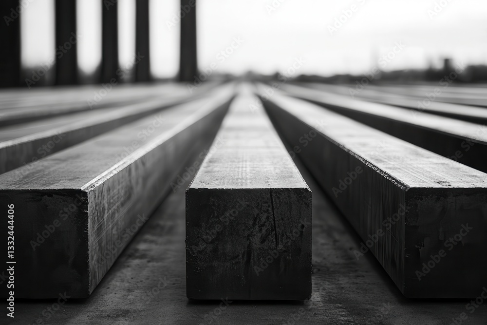 Poster a close-up view of parallel metal bars set on a flat surface, showcasing a monochrome aesthetic with