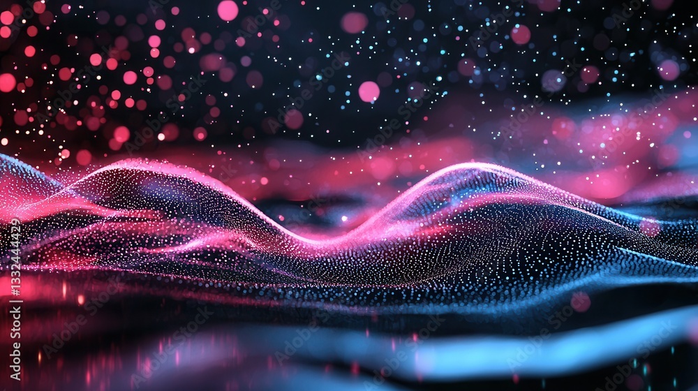 Poster a captivating abstract landscape of vibrant luminous waves undulating across a cosmic digital enviro