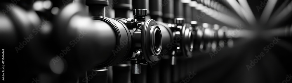 Aufkleber a monochrome image showcasing a series of pipes, emphasizing texture and depth through a linear pers