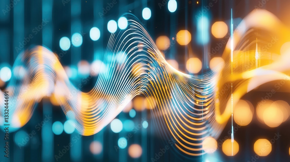 Poster a dynamic and vibrant digital visualization showcasing fluid glowing sound waves and abstract geomet