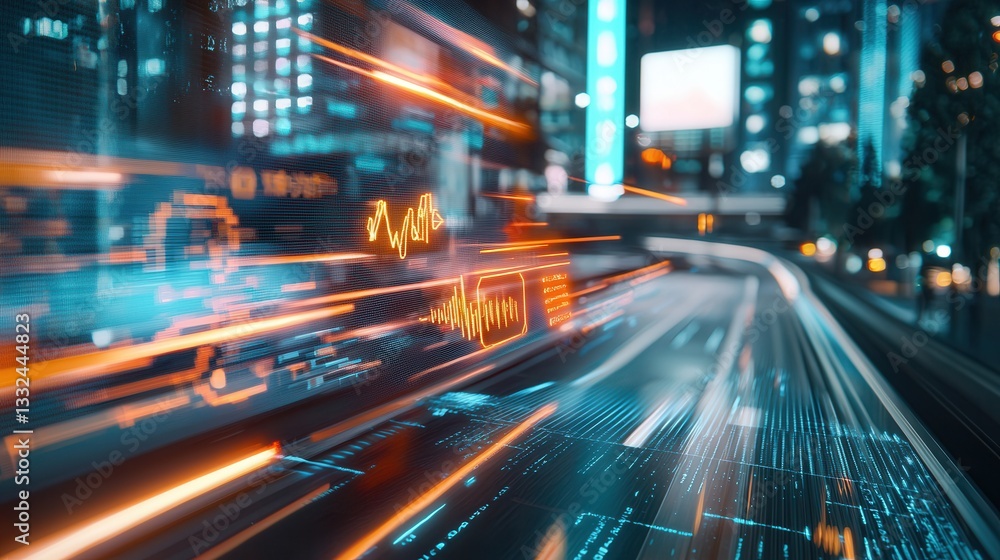 Poster a dynamic and captivating image depicting a futuristic city scene with abstract sound wave visualiza
