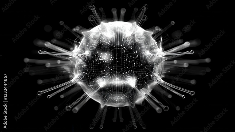 Poster a sleek futuristic wireframe sphere with a dynamic luminous grid design representing the intersectio