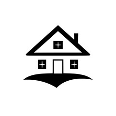 Minimalist black and white icon featuring a house on a hill, with windows, door, and chimney, embodying a concept of home and residence.
