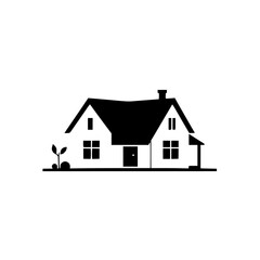 Minimalist Black & White House Illustration with a Simple Leafy Accent, Perfect for Real Estate Logos or Branding.