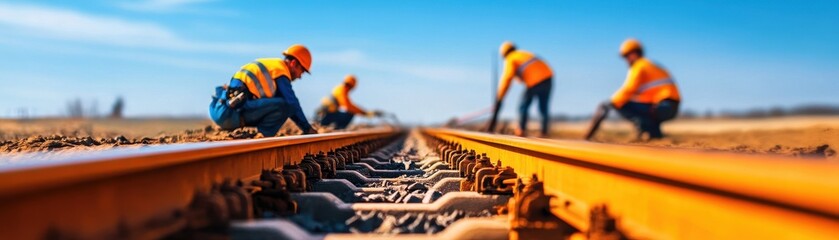 Workers laying railway tracks under a clear blue sky, showcasing teamwork and construction efforts in the transportation industry.