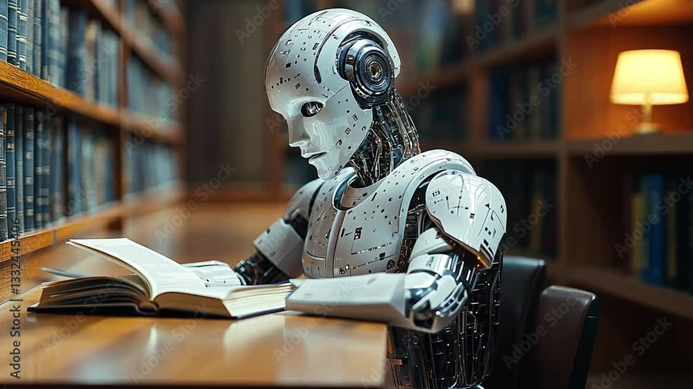 Poster a humanoid robot studying intently in a library surrounded by books and warm lighting