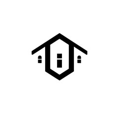 A minimalist, abstract house logo, black geometric design with an 