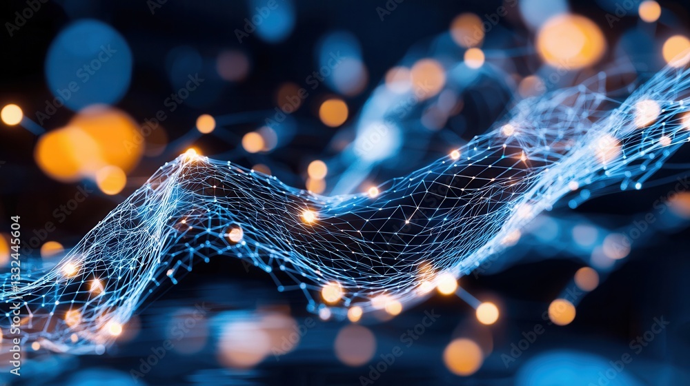 Poster a captivating abstract image depicting a futuristic wave of data and information flowing through an 