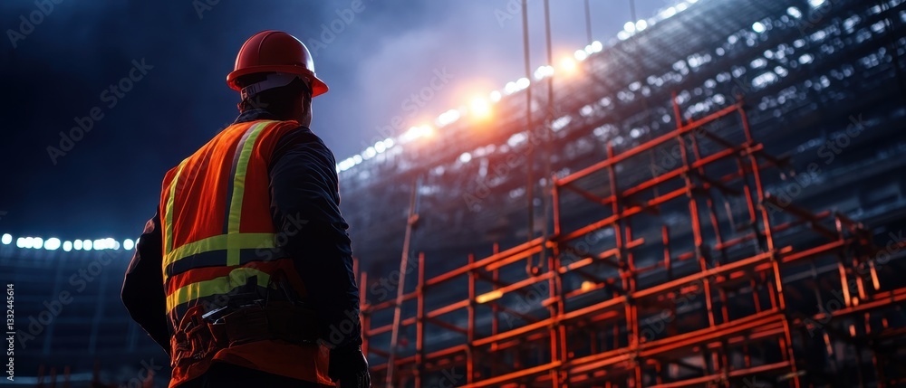 Poster a construction worker in safety gear gazes at illuminated scaffolding in a stadium under constructio