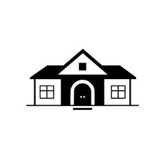 Minimalist Black and White Illustration of a House with Gable Roof, Arched Door, and Windows.