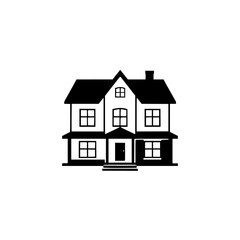 Black and White Minimalist Illustration of a Two-Story House with Windows, Chimney, and a Front Door on a White Background.