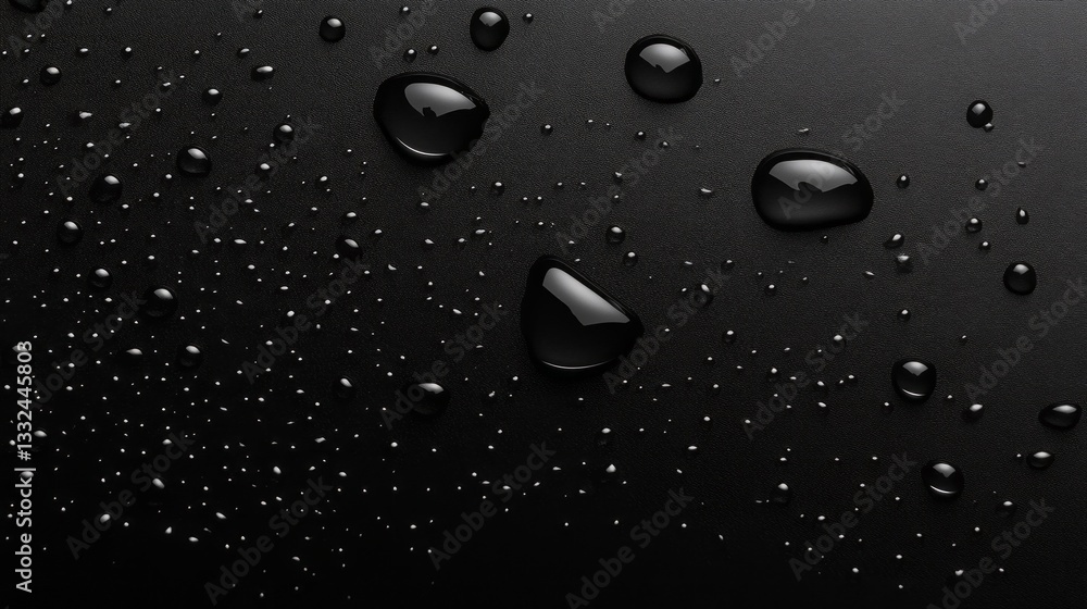 Poster tiny droplets cling to a smooth black surface, creating a striking contrast that emphasizes texture 