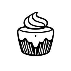Minimalist Black and White Cupcake Illustration: Isolated Dessert with Swirled Frosting in a Modern, Linear Style.