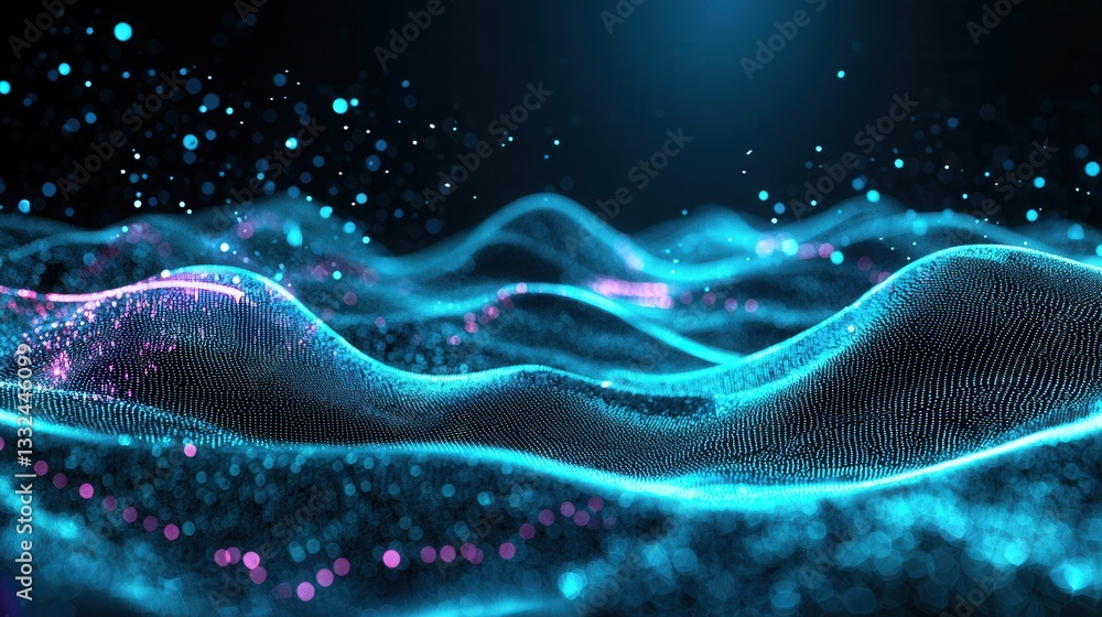 Poster a futuristic digital landscape featuring a glowing undulating wave of data and information represent