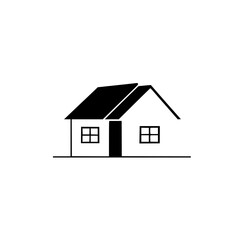 Minimalist Black and White House Illustration: Simple Silhouette Depicting Roof, Door, Windows, and Flat Landline on a White Background.
