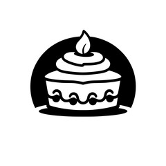 Monochrome Illustration of a Tiered Cake with Leaf-Shaped Flame, Set Against a Black Circular Backdrop.