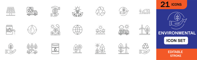 21 clean and minimal environmental line icons, perfect for eco-friendly projects, sustainability, and green energy themes. Fully editable and scalable. Ideal for web, apps, and print