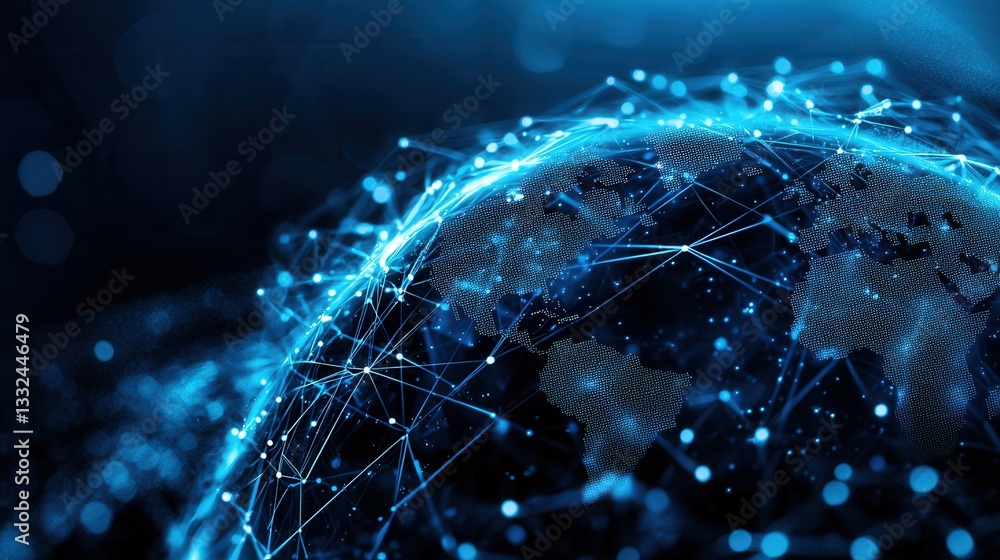 Poster visualization of a global digital network system with interconnected nodes representing the vast and