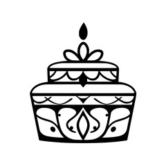 Elegant Two-Tiered Birthday Cake Silhouette with Ornate Decorations and a Single Candle, Isolated on White.