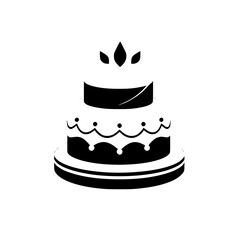 Elegant Two-Tiered Black and White Cake with Decorative Details and Leaf Topper on a Simple, Isolated White Background.