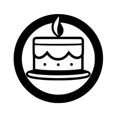 Black and White Icon: A Circular Graphic Featuring a Simple Birthday Cake with a Lit Candle, Enclosed in a Bold Circle.
