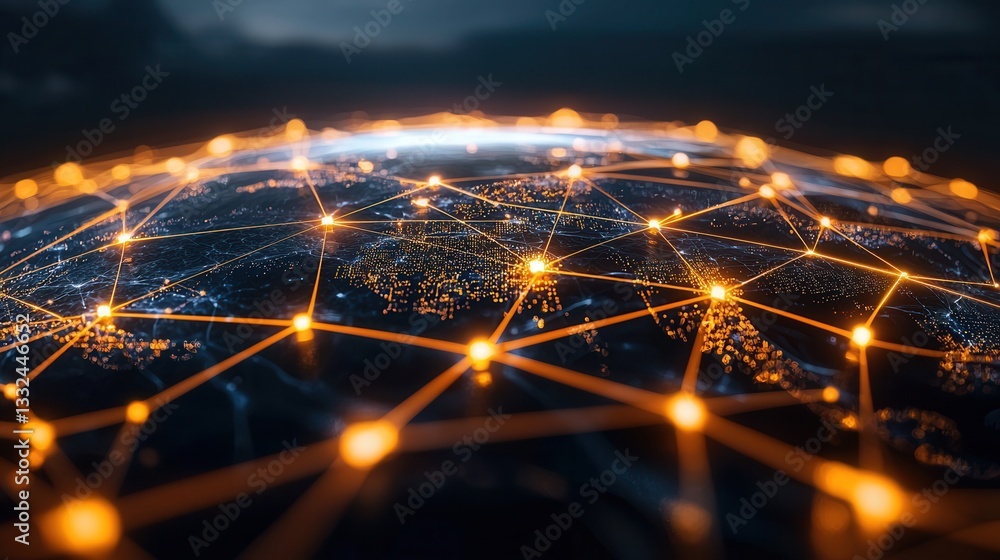 Poster an abstract visualization of a global neural network illuminating the world with interconnected patt